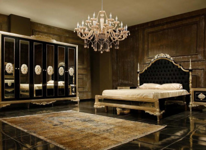 Schwarze Schlafzimmergarnitur Luxus Bett 2x Nachttische Kommode Schrank